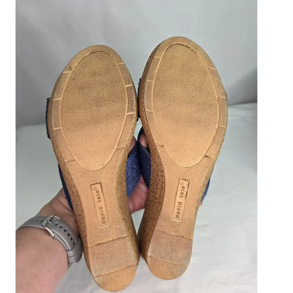 David Tate Navy Fabric Wedge Slide Sandals 7M Comfort Cushioned Resort Casual